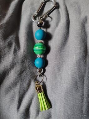 Blue and Lime Beaded Tassel Keychain